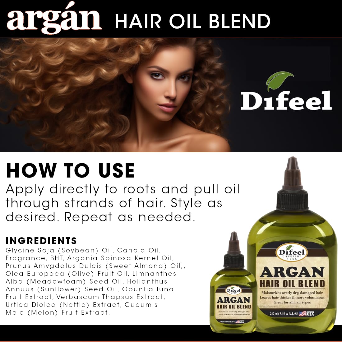 Difeel Argan Hair Oil Blend 7.1 Ounce - for Dry & Damaged Hair, Helps Improve Shine, Softness & Manageability, Lightweight Hair Treatment
