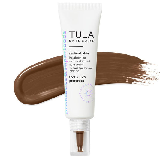 TULA Skin Care Radiant Skin Brightening Serum Skin Tint SPF-Facial Sunscreen Provides Broad Spectrum SPF 30 Protection, Tinted, Serum-Light Formula Brightens and Evens Skin-Shade 09, 1.0 fl oz.