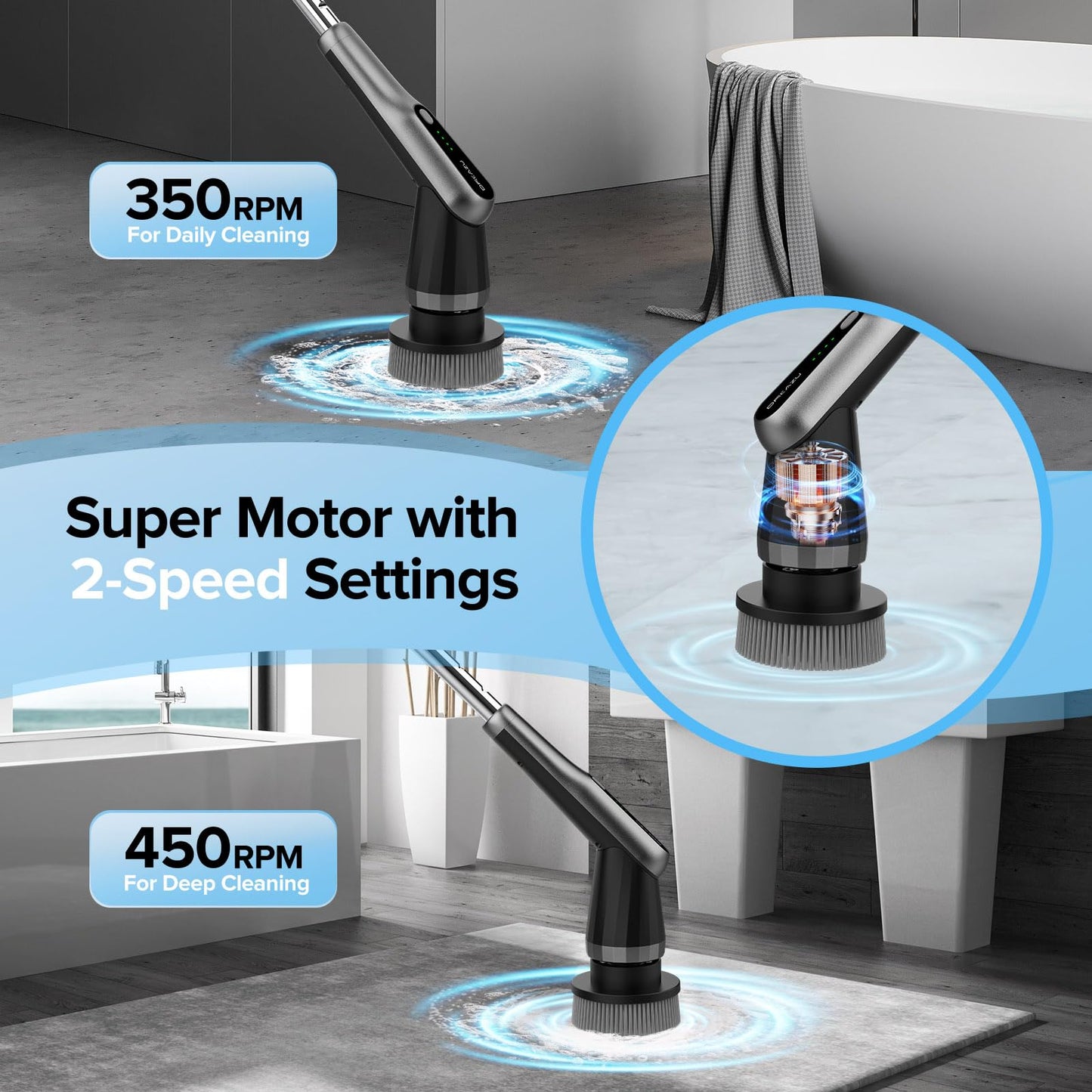 Electric Spin Scrubber, 10-in-1 Shower Scrubber & Retractable Long Handle, 44 lbs High-Torque & Variable Speed Shower Cleaning Brush for Bathroom,Toilet, Bathtub, Kitchen, Tile Floors,