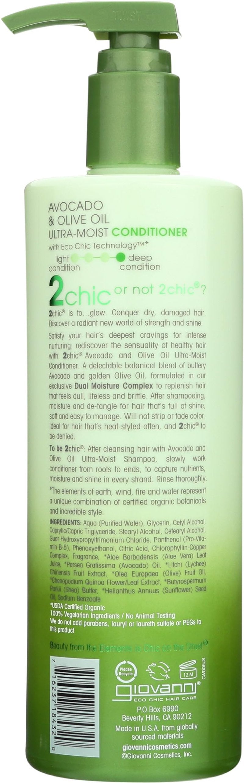 GIOVANNI 2chic Ultra-Moist Conditioner - Avocado & Olive Oil, Creamy Hydration Formula, Enriched with Aloe Vera, Shea Butter, Botanical Extracts, No Parabens, Color Safe - 24 oz