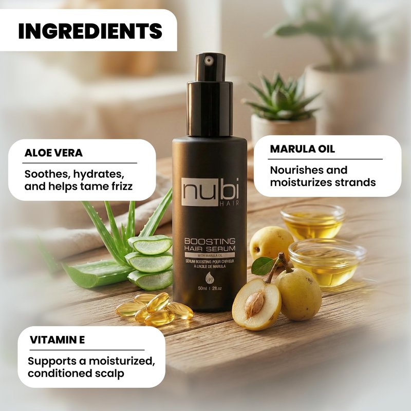 Nubi Marula Anti Frizz Serum - Smoothing Serum for Dry Hair Repair and Shine with Vitamin E, Aloe Vera - 2 Fl Oz