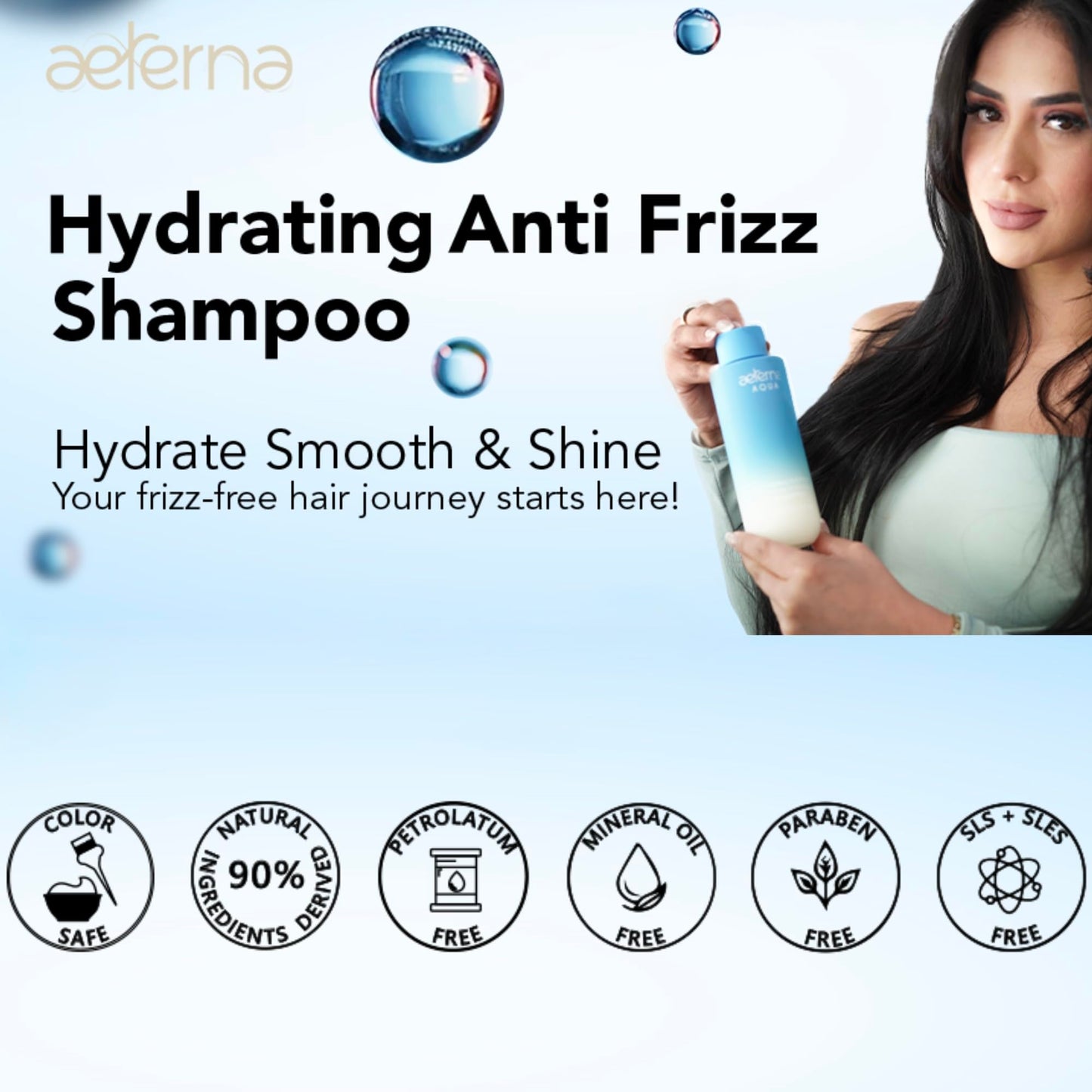 Aeterna AQUA Hydrating Anti-Frizz Shampoo – Color-Safe, Sulfate-Free – With Aloe Vera, Almond & Linseed Oil for Smooth, Strong & Healthy Hair – 250ml