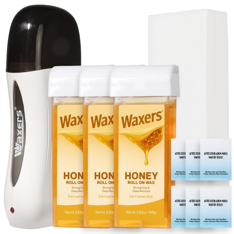 Waxers Roll on Wax Kit for Hair Removal Honey at Home Waxing Kit for Women & Men Roller Wax Cartridge Depilotry for Coarse & Thick Hair with Warmer & Strips