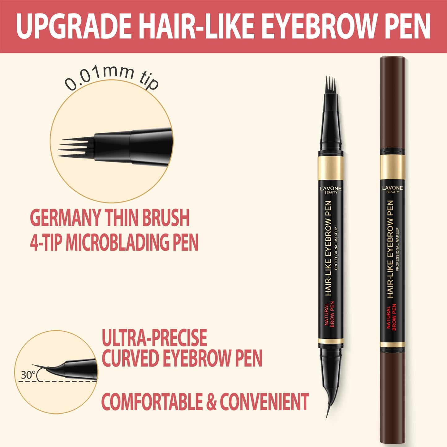 LAVONE Eyebrow Pen, 2-in-1 Waterproof Microblading Brow Pencil, Brown