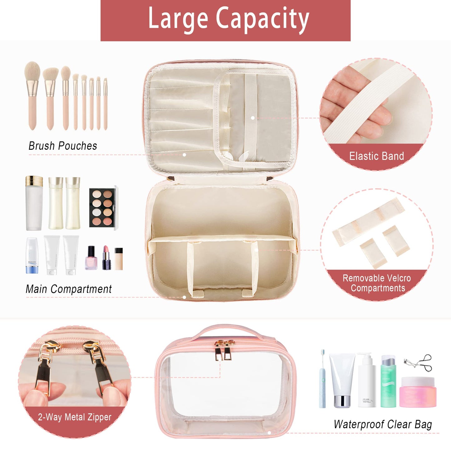 Ebbniur Makeup Bag, 2 PCS PU Leather Cosmetic Bags, Portable Travel Makeup Case, Large Makeup Organizer with Clear Makeup Bag for Women (Pink)