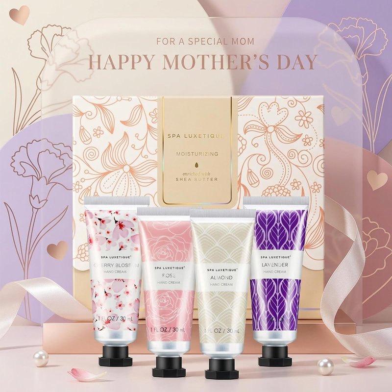spa luxetique Hand Cream Gift Set,Mothers Day Gifts for Mom,Teacher Appreciation Gift Nurses Week,4 Pack Shea Butter Hand Lotion Set for Dry Hands,Travel Size Hand Cream for Women Birthday Gifts