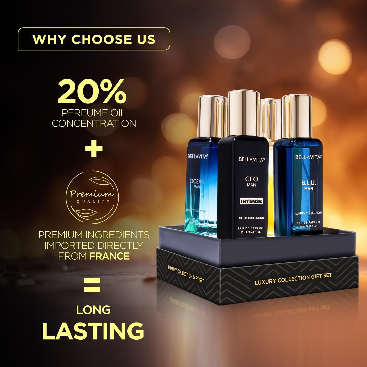 Bellavita Luxury Men's Luxury Perfume Gift Set with Gold Oud,OCEAN, B.L.U., & CEO Man Intense | 80ml | Perfume for Men and Women | Lavender, Bergamot, and Caramel Notes | Long Lasting Unisex Fragrance