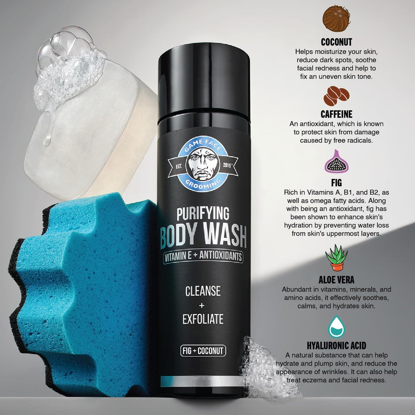 Game Face Grooming Body Wash – Men’s 12 Fl Oz Shower Gel | Cleanses, Exfoliates, And Hydrates Your Skin And Face| Plant Based And Sulfate Free | Fig & Coconut Scent
