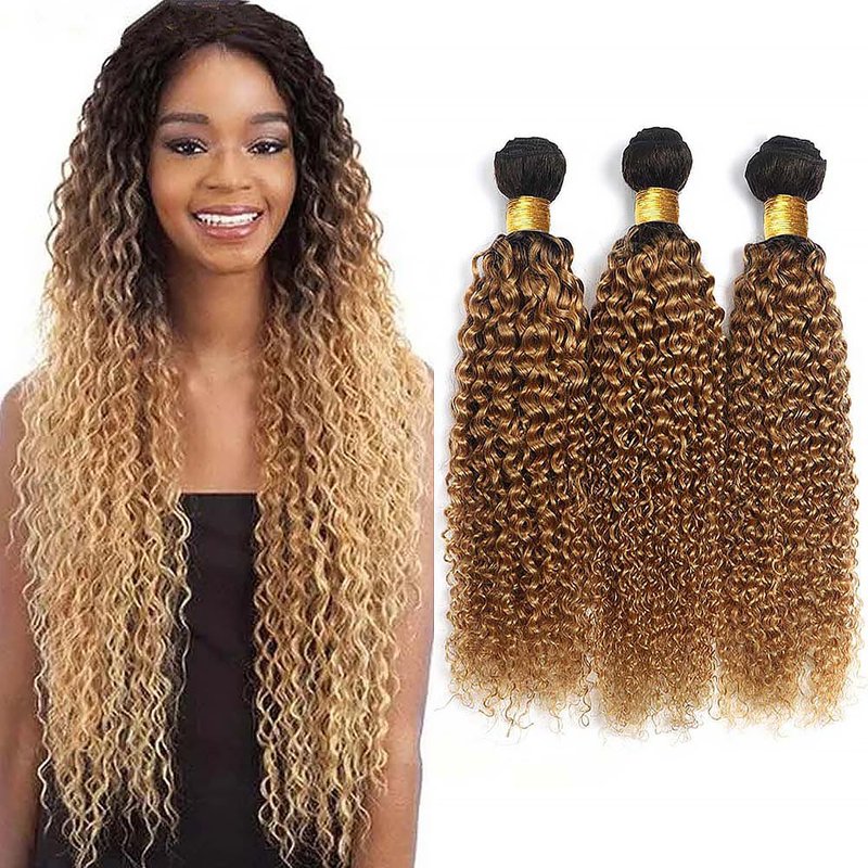 Honey Blonde Kinky Curly Human Hair Bundles - Two Tone Ombre | 8, 10, 12 Inch Lengths
