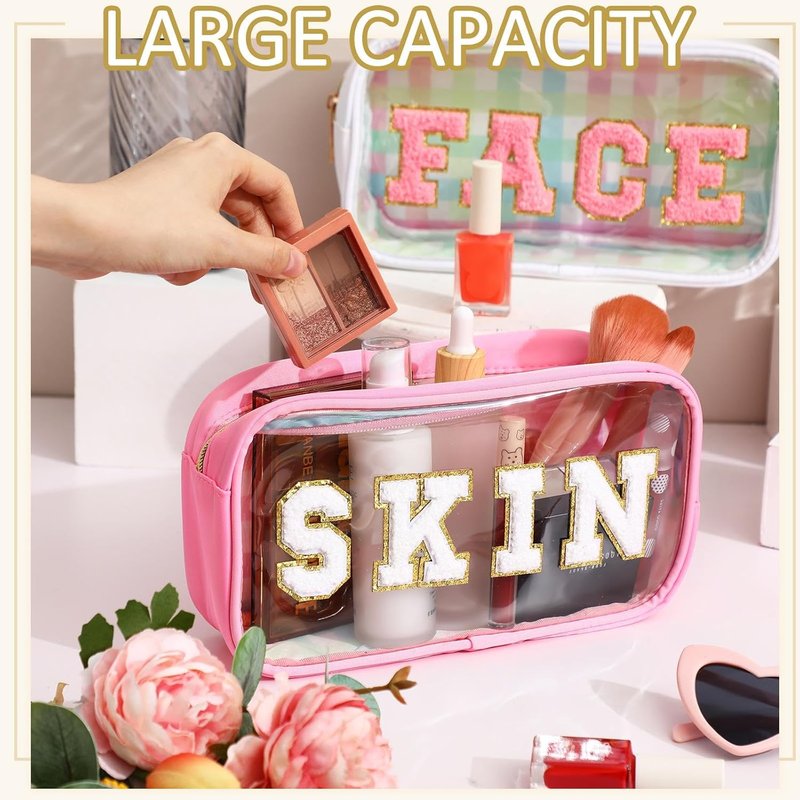 Chenille Letter Cosmetic Bag Set - Waterproof Nylon Makeup Pouches | Multi-Purpose Toiletry Organizers for Women (Classic Colors)