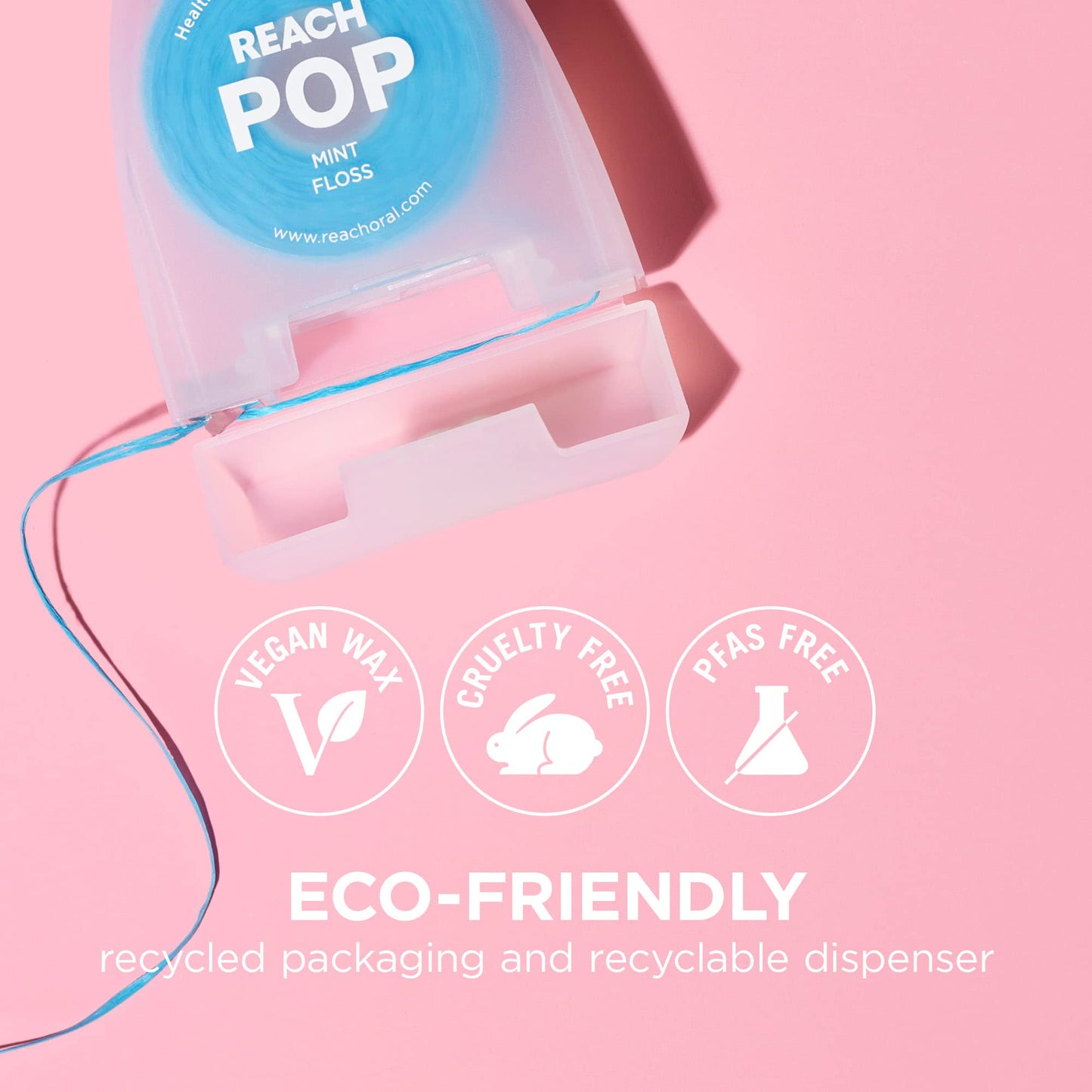 REACH POP Dental Floss, Mint, Plaque Remover for Teeth, Shred Resistant, Vegan Wax, Cruelty Free, Eco Friendly Packaging, Oral Care, PFAS Free, for Adults & Kids, 6 Pack, 54.6 yd