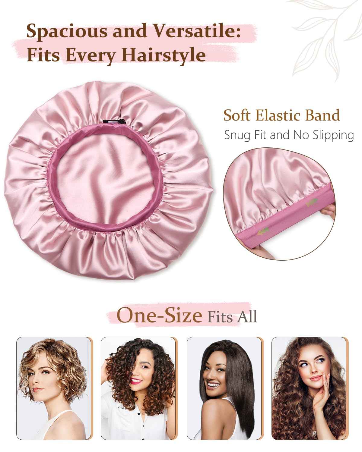 mikimini Satin Bonnet for Sleeping Women, Ajustable Reversable Silky Bonnet for Sleeping, Large Hair Bonnet for Curly Hair Braids, Pink Elegant, 2 Pieces