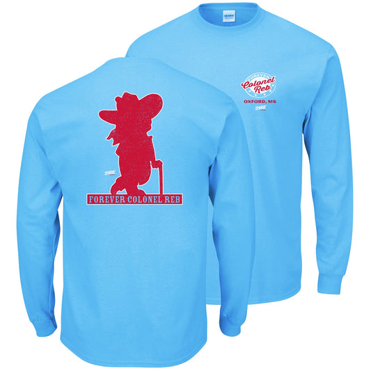 Ole Miss Football Fans. Forever Colonel Reb T Shirt (Sm-5X) (Light Blue Long Sleeve, 4XL)