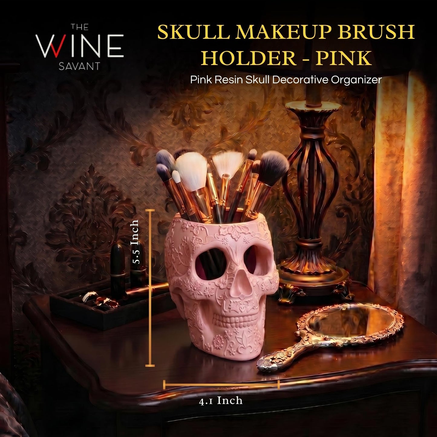 Skull Makeup Brush Holder, Pen Holder, Vanity, Desk, Office Organizer, Stationary, Decor Planter, Candy Bowl, Goth Decorations, Extra Large, Skulls Gothic Skull & Bones Organizer Bathroom (Cloud Pink)