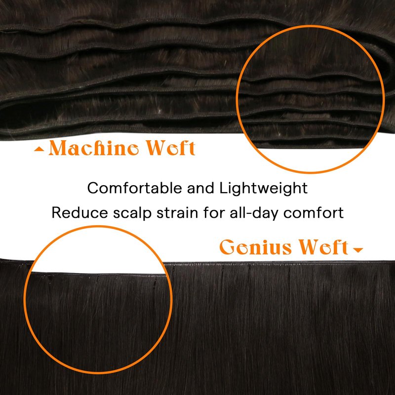Sunny Hair Genius Weft Hair Extensions Human Hair Darkest Brown Seamless Hand-Tied Bundles Sew in Brown Soft Silky for Women Short Straight for Party 14 Inch 50G