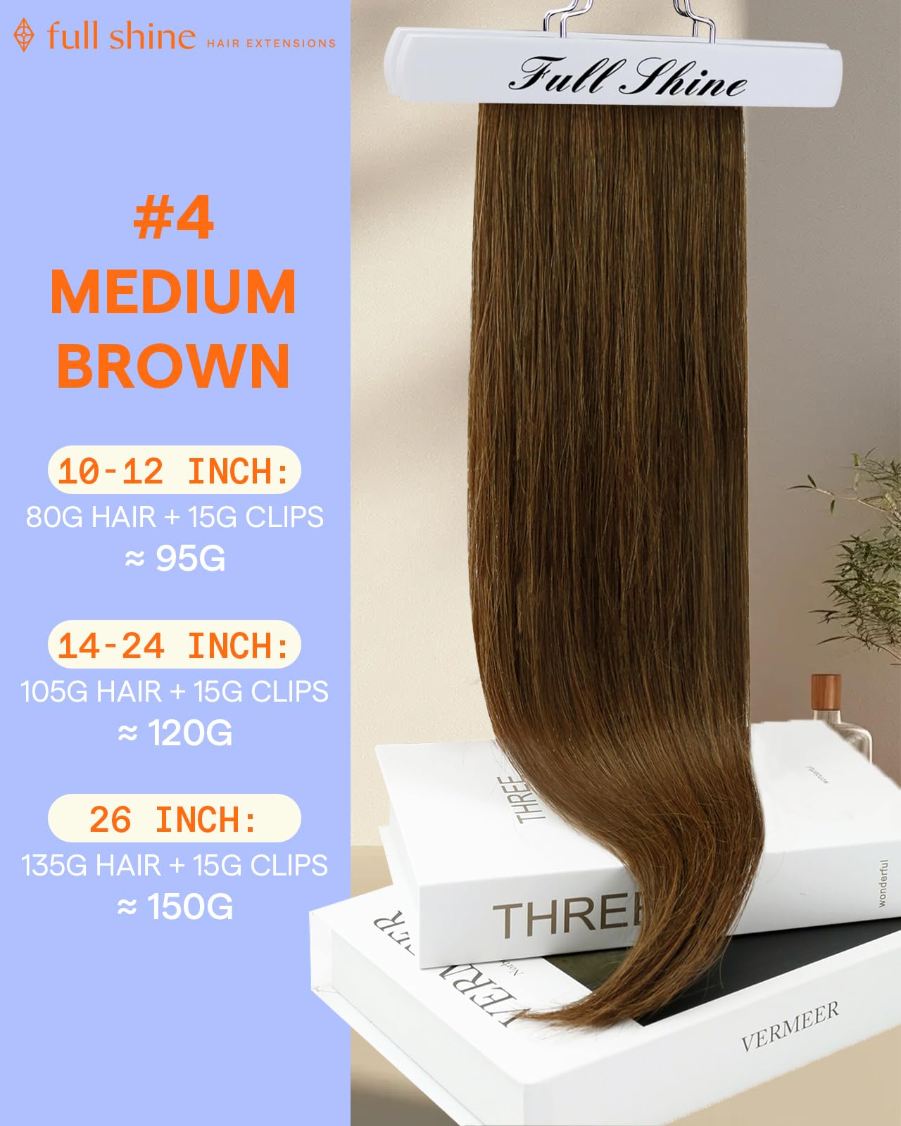 Full Shine Real Hair Extensions Clip in Human Hair Chestnut Brown