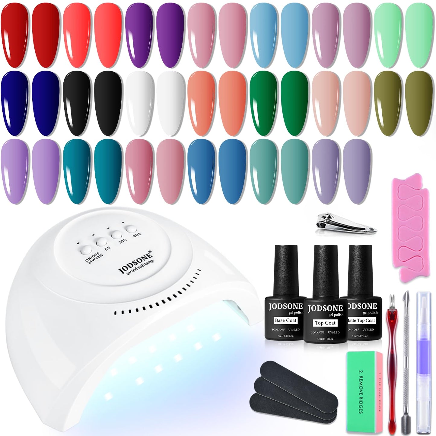 JODSONE Gel Nail Set 20+3 Colors High Shine Gorgeous Gel Polish Base Top Matte Coat Nice Gifts Show Charm