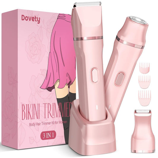 Bikini Trimmer for Women, Dovety 3 in 1 Painless Electric Razors for Women, Rechargeable Pubic Hair Trimmer Electric Shaver for Legs Body Facial Hair, IPX7 Waterproof, Ceramic Blade, USB Charge Dock