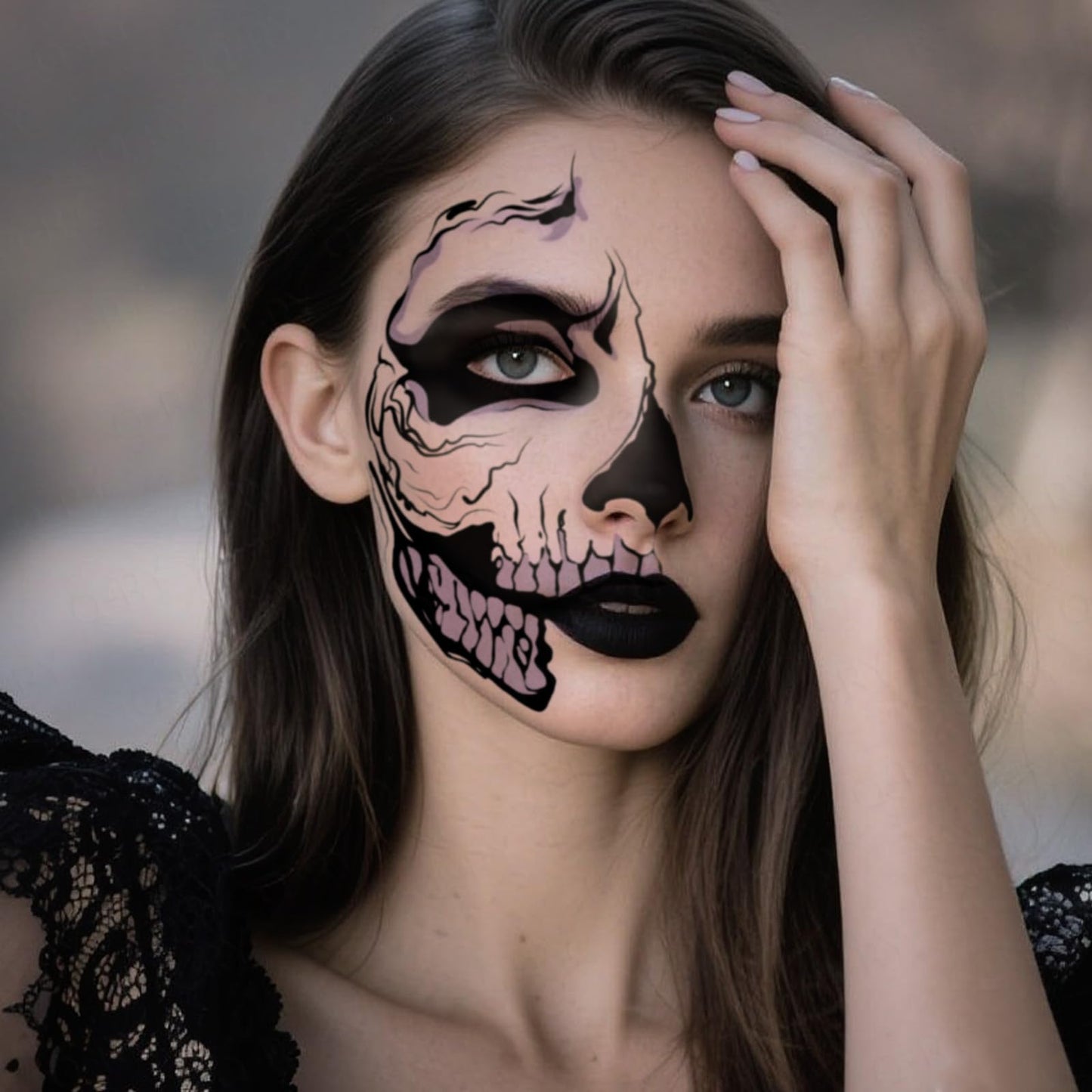 Halloween Scary Ghost Temporary Makeup Stickers Half Face Tattoo Patches Skeleton Eyeshadow Eyeliner Tattoos Zombie Decorations for Women Men Prank Cosplay Makeup Decals
