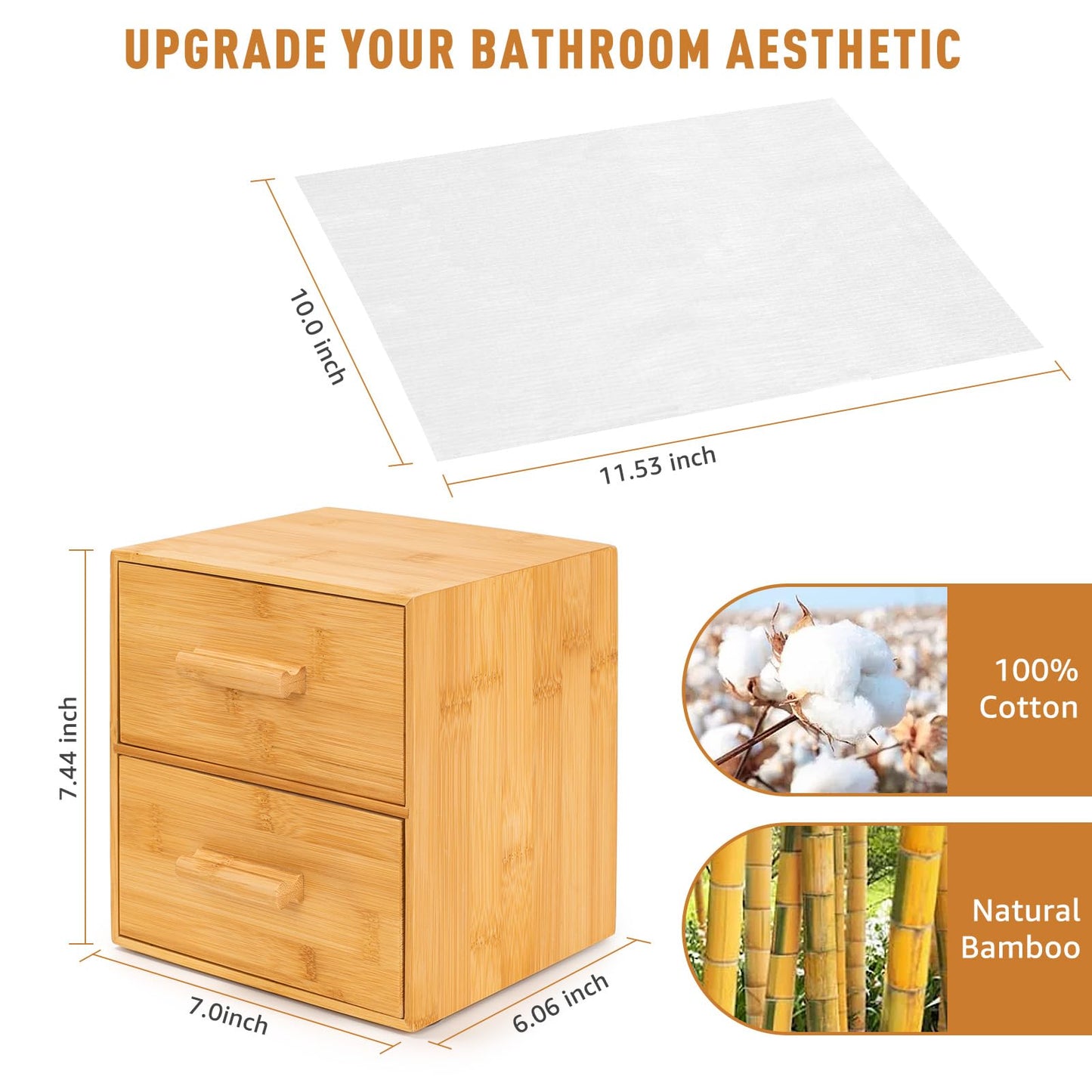 Bamboo Box with Makeup Remover Wipes, 50 XL Disposable Towels, Wash Cloths for Face and Body, Double-drawer Container for Face Towelettes