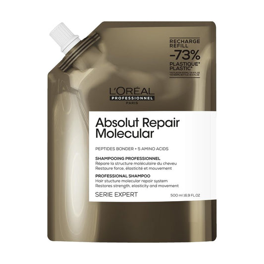 L'Oréal Professionnel Paris Absolut Repair Molecular Shampoo - Repairs Damage & Restores Strength For All Damaged Hair, With Peptide Bonder & Amino Acids, Sulfate-Free, 16.9 Fl Oz, Refill