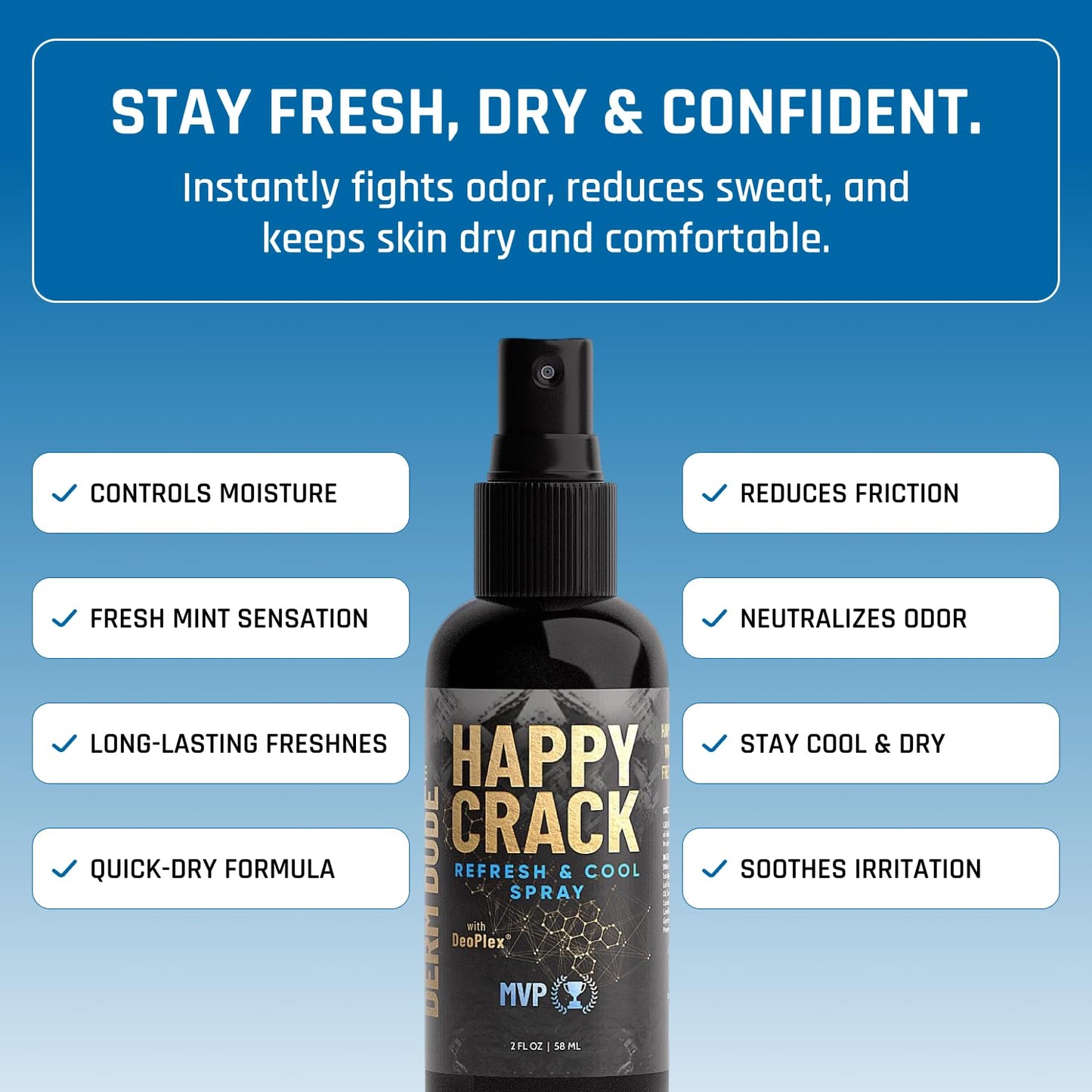 Derm Dude Happy Crack Refresh & Cool Butt Spray | MVP Scent | Deodorant & Odor Eliminator with Soothing Witch Hazel & All-Natural DeoPlex for Odor Control | 2 oz (1 Pack)