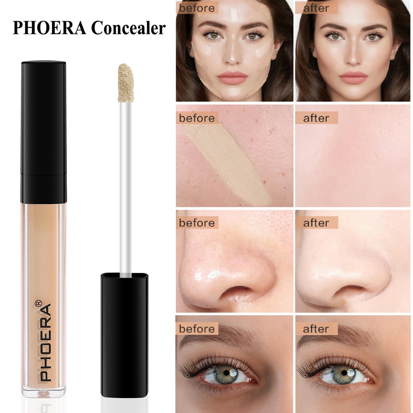 PHOERA Foundation, PHOERA Contour Palette,Shades with Highlighter & Bronzer & Blush,Up to 24 Hour Fresh Wear,PHOERA Concealer Primer Powder (102+ #002 Contour/Nude+#002)