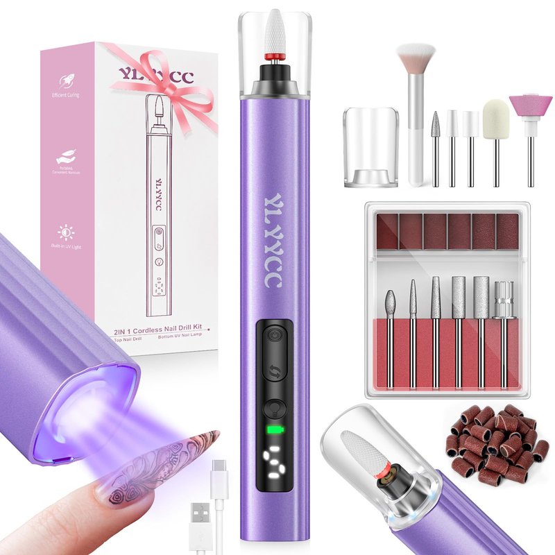 YLYYCC Electric Nail Drill Cordless Nail File with UV Lamp:Professional for Acrylic Gel Dip Powder Nails Portable Nail Kit Machine for Women Girl Manicure Pedicure Nail Set Rechargeable Lightweight