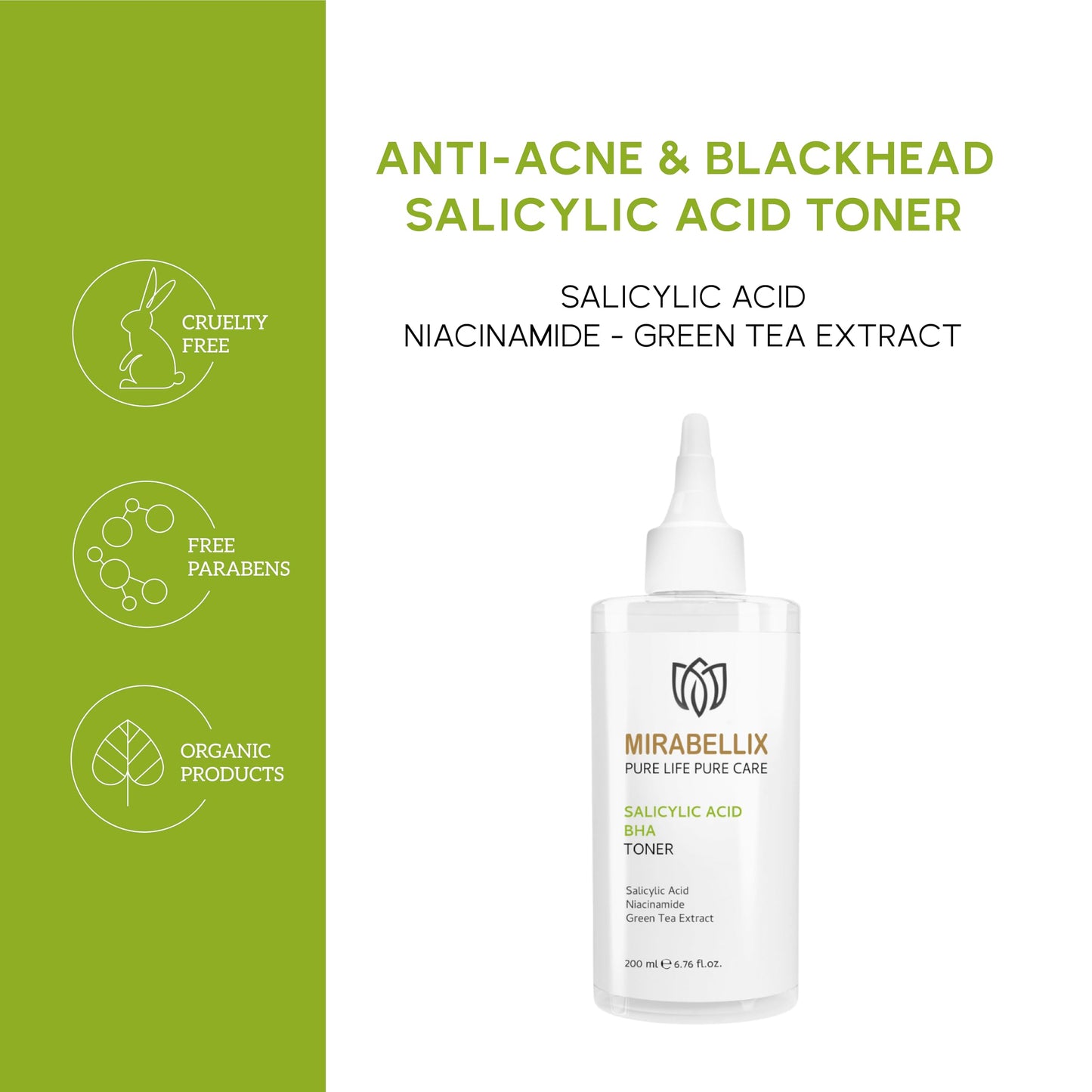 Salicylic Acid BHA Toner for Face – Niacinamide, Green Tea & Willow Bark | Acne & Blackhead Control Toner for Oily, Acne-Prone Skin | Pore Cleansing, Sebum Balance, Even Skin Tone | 6.76 fl. oz