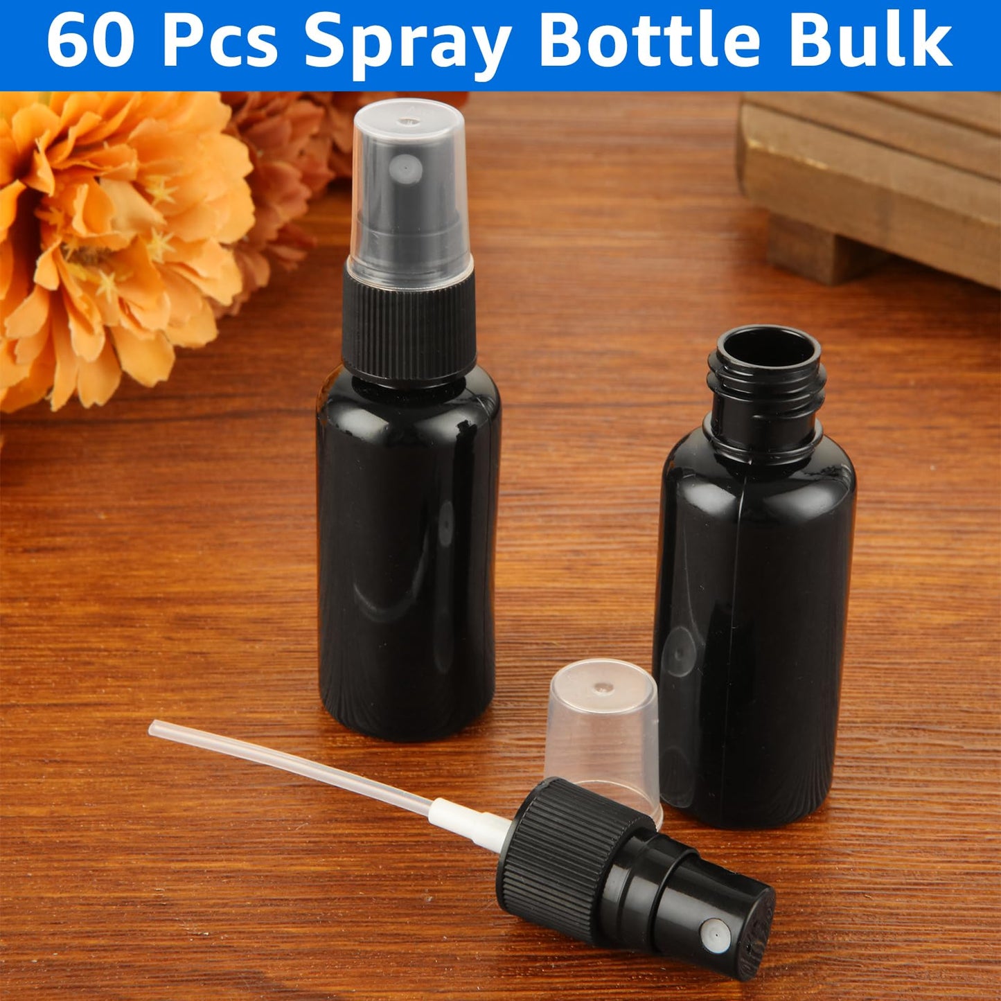 60 Pcs Small Spray Bottle Bulk, 30ML 1Oz Black Empty Spray Bottles Plastic Fine Mist Spray Bottles with Cap & Funnel, Small Refillable Sprayer Liquid Containers for Perfume, Cleaning, Essential Oil