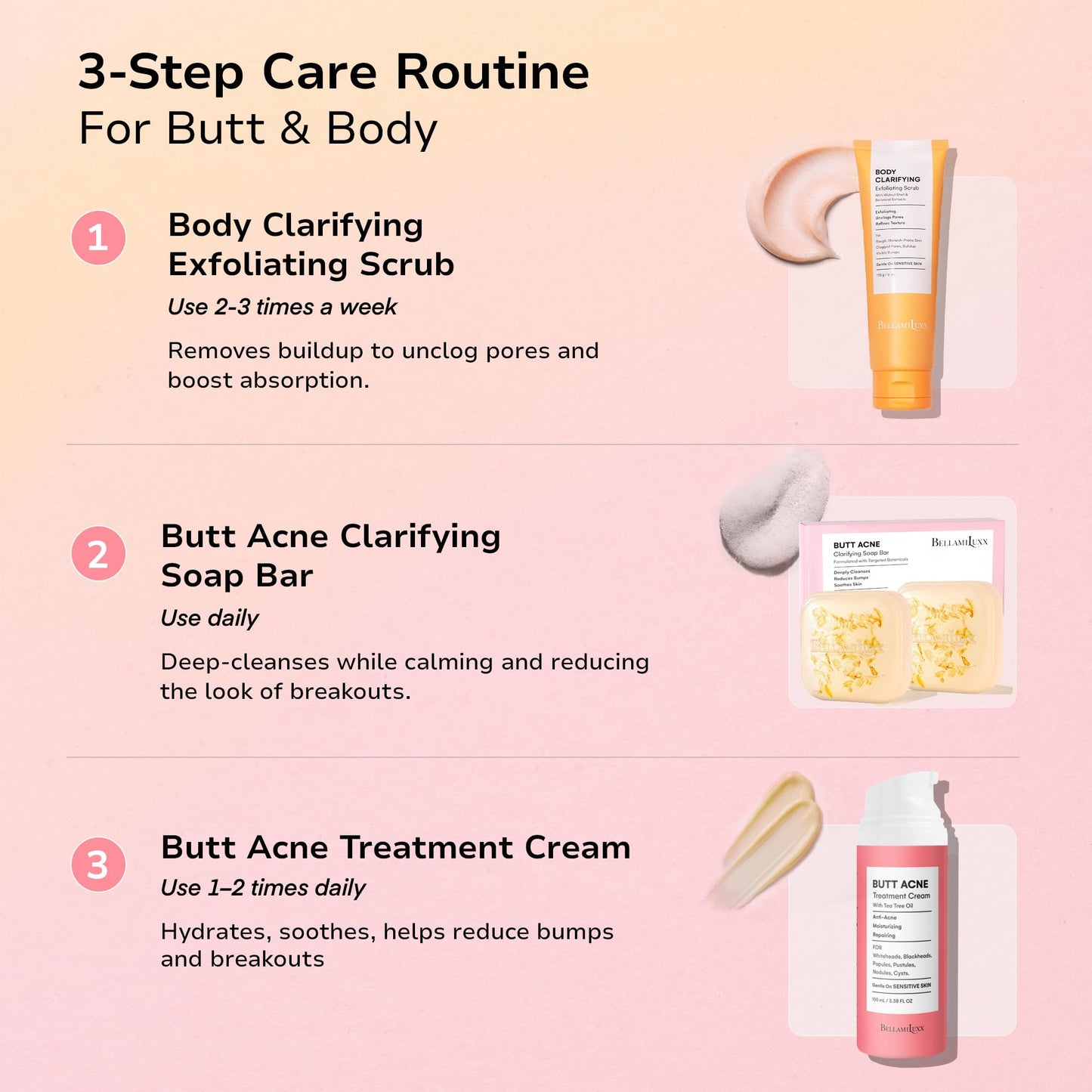 BellamiLuxx Butt Acne Clearing Treatment Cream: Body Acne Treatment for Folliculitis and Pimples on Buttocks, Thighs, and Body with 2% Salicylic Acid & Tea Tree Oil - Butt Cream for Smooth Skin