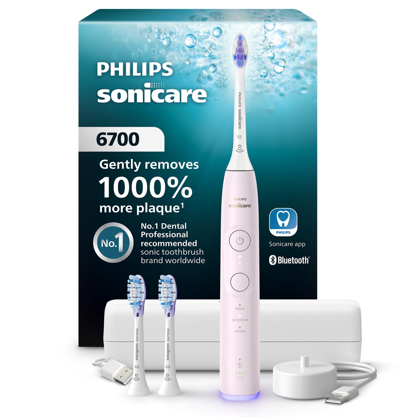 Philips Sonicare 6700 Series Electric Toothbrush, Pressure Sensor, 9 Brushing Settings, SmarTimer, BrushPacer, 21-Day Runtime, Travel Case, for Gum Health & Sensitive Teeth, Light Pink, HX7412/04