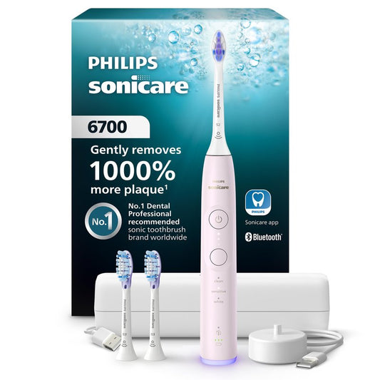 Philips Sonicare 6700 Series Electric Toothbrush, Pressure Sensor, 9 Brushing Settings, SmarTimer, BrushPacer, 21-Day Runtime, Travel Case, for Gum Health & Sensitive Teeth, Light Pink, HX7412/04