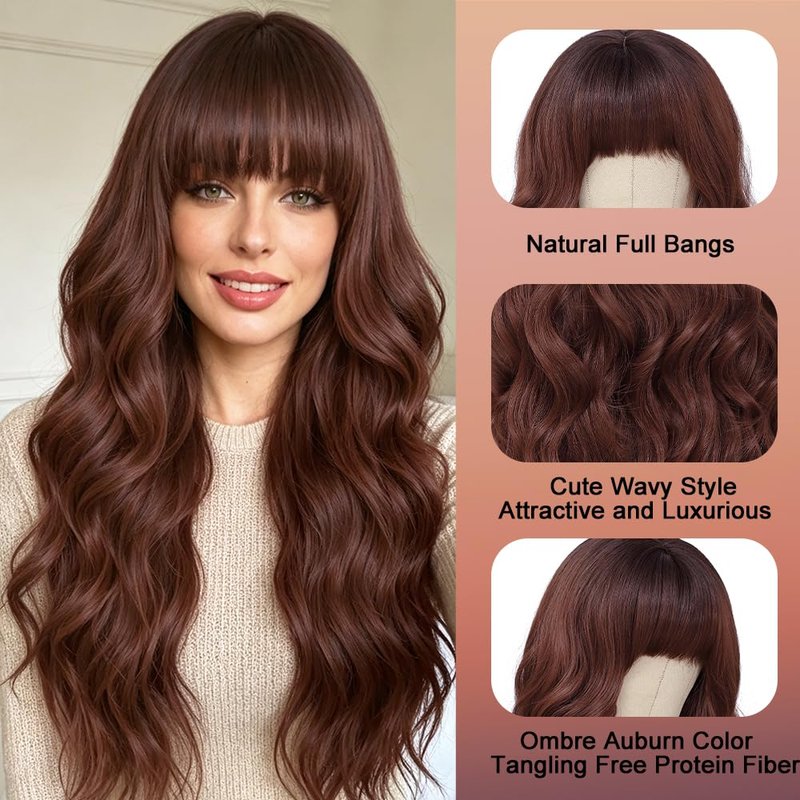 Auburn Wig with Bangs - 26-Inch Wavy Curly Reddish Brown Hair | Soft, Natural-Looking Daily Wear for Women