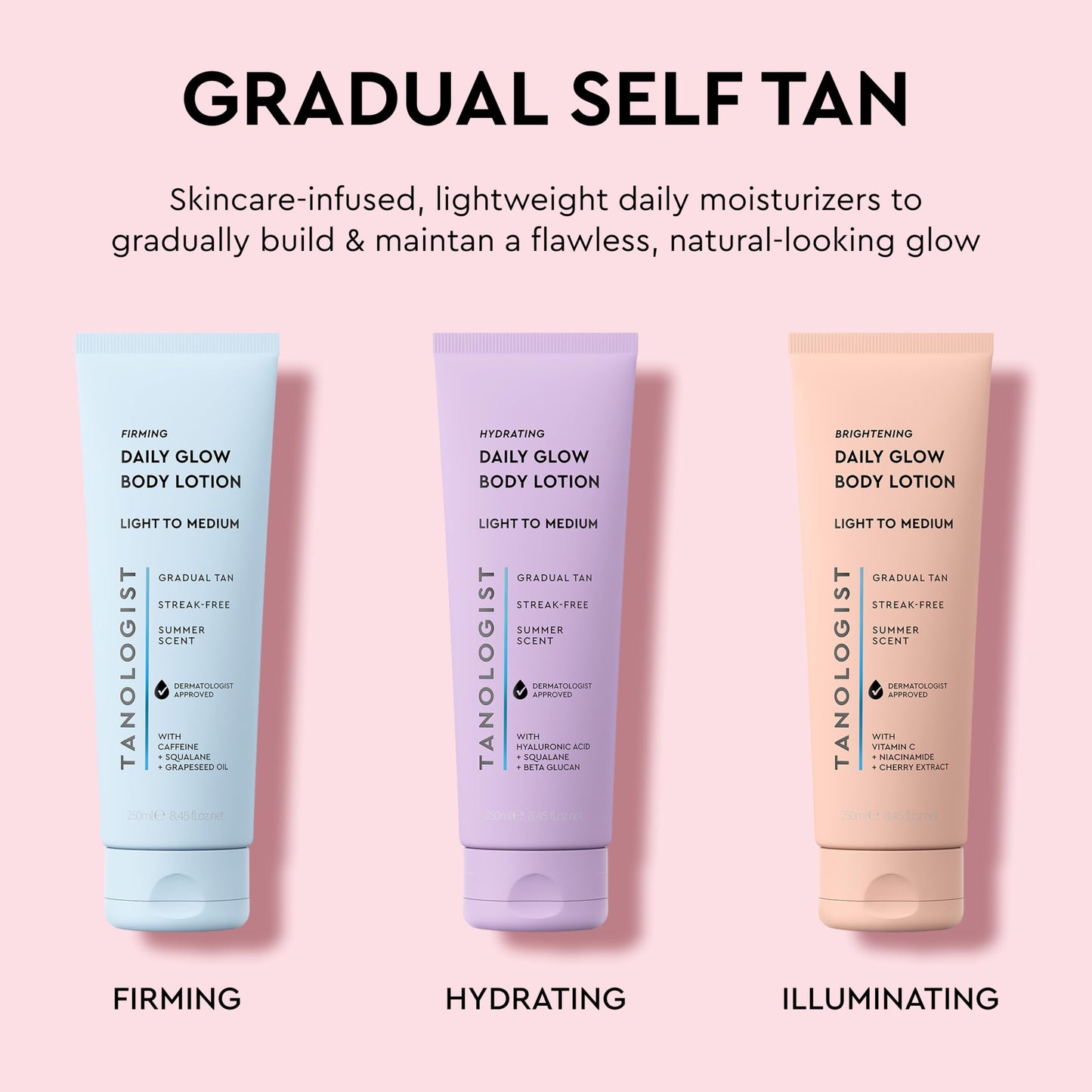 Tanologist Firming Daily Glow Body Lotion, Light/Medium, Gradual Tanning Lotion, No Fake Tan Smell, Streak-Free & Natural-Looking Self Tanner, Vegan, 8.45 fl. oz/250 ml Tube