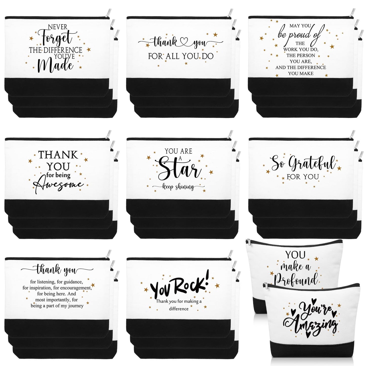 Cunno 30 Pcs Employee Appreciation Gifts Inspirational Canvas Makeup Bags Bulk Cosmetic Pouch with Zipper Travel Toiletry Organized for Women Coworkers Staff, 6 Style(Classic)