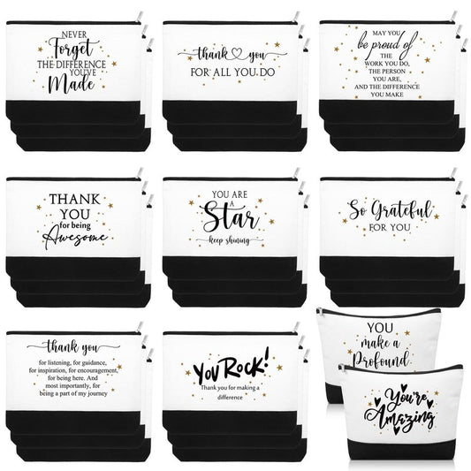 Cunno 30 Pcs Employee Appreciation Gifts Inspirational Canvas Makeup Bags Bulk Cosmetic Pouch with Zipper Travel Toiletry Organized for Women Coworkers Staff, 6 Style(Classic)