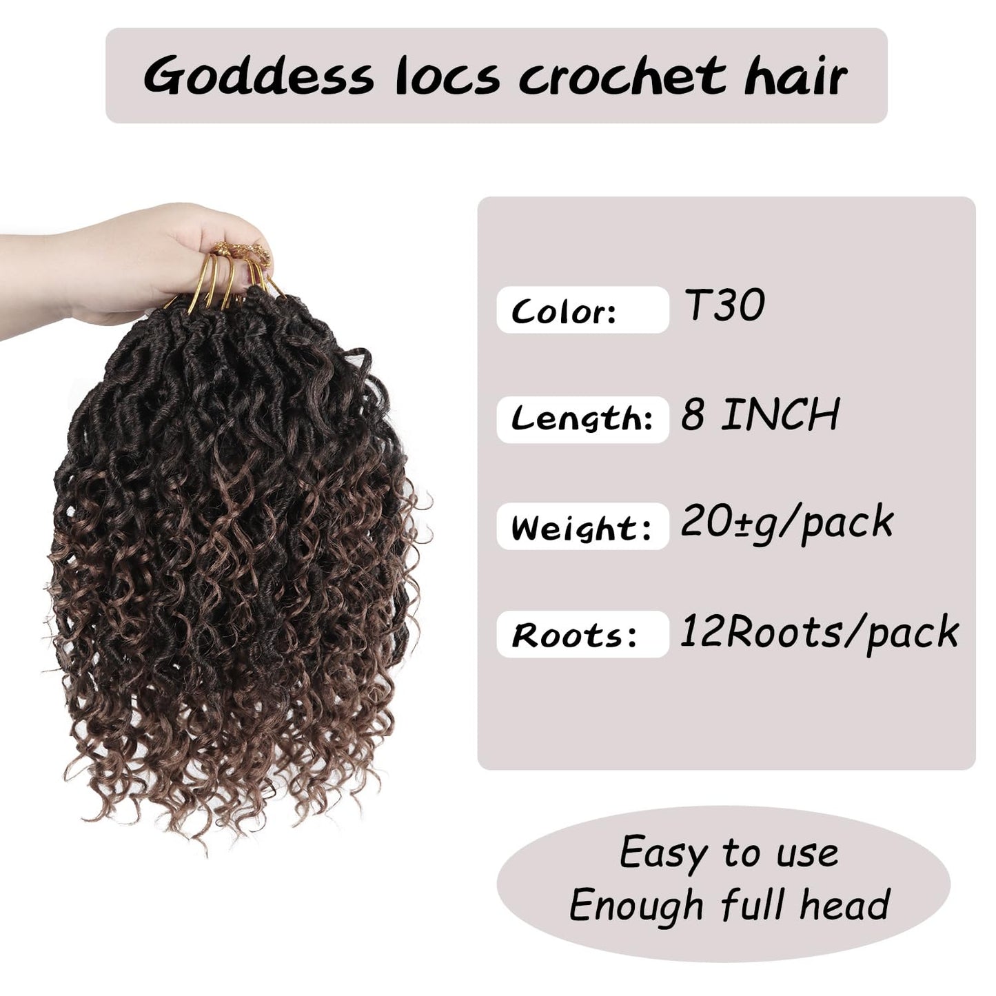 Goddess Locs Crochet Hair - 8 Inch Faux Locs Synthetic Hair | Boho Style with Curly Ends - 9 Packs