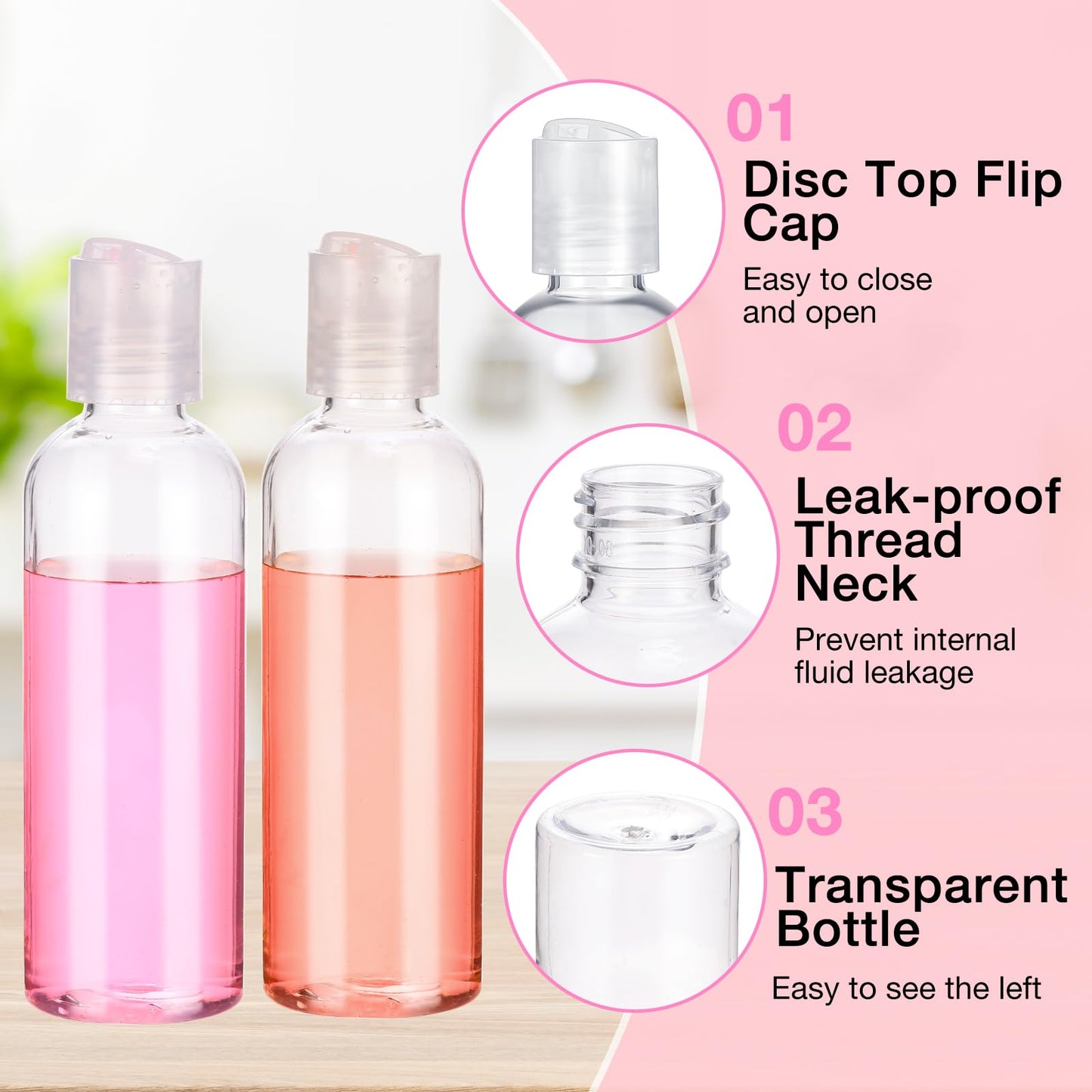 Roshtia 50 Pcs 3.4 oz Plastic Travel Bottles with Disc Caps Empty Clear Travel Size Containers Leak Proof Squeeze Toiletry Bottles for Shampoo Toiletries Lotion Conditioner Accessories