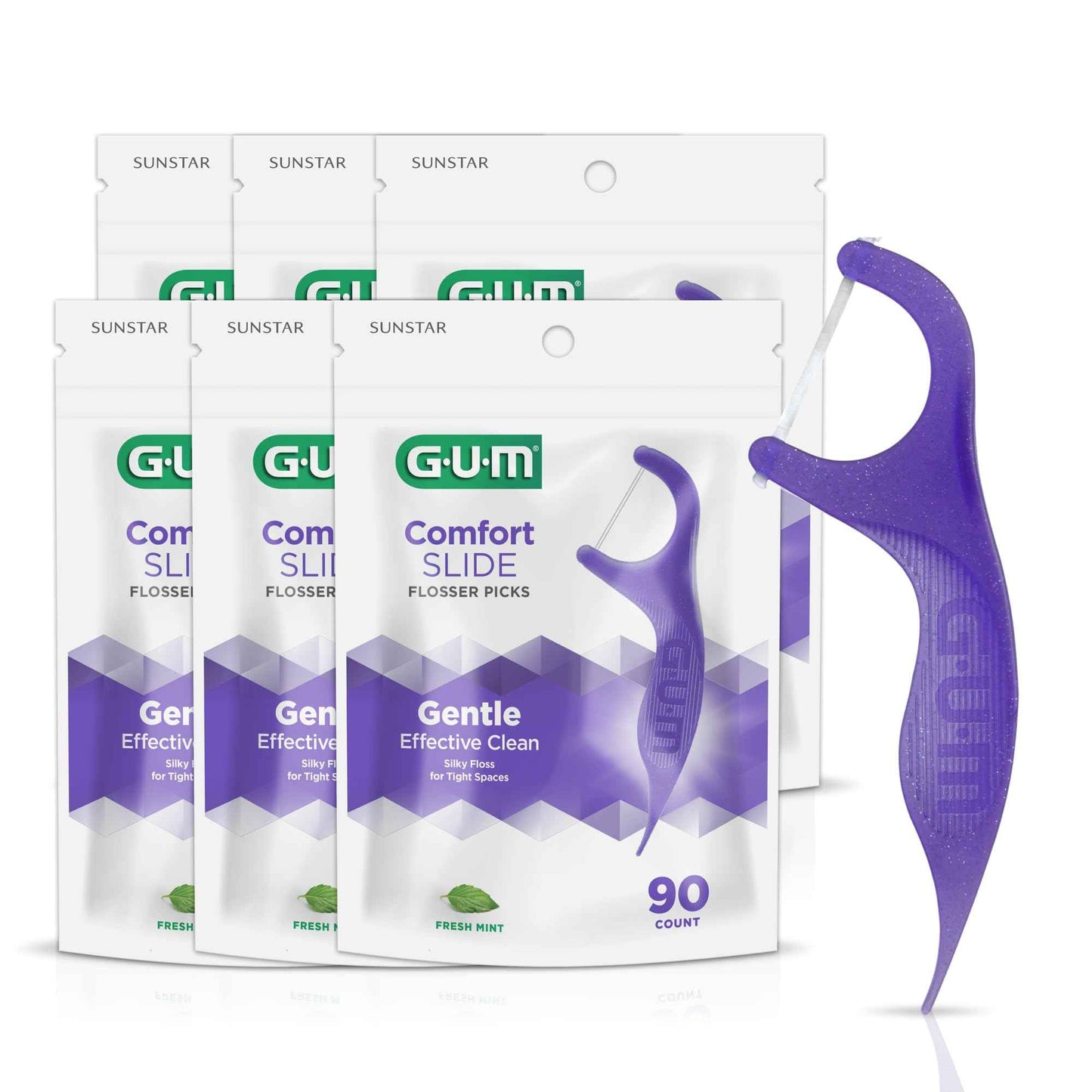 GUM Comfort Slide Floss Picks - Perfect for Tight Teeth - Extra Strong Shred-Resistant Dental Floss, Easy Grip Handle - Dental Flossers for Adults - Fresh Mint Flavor,90 Count (Pack of 6)