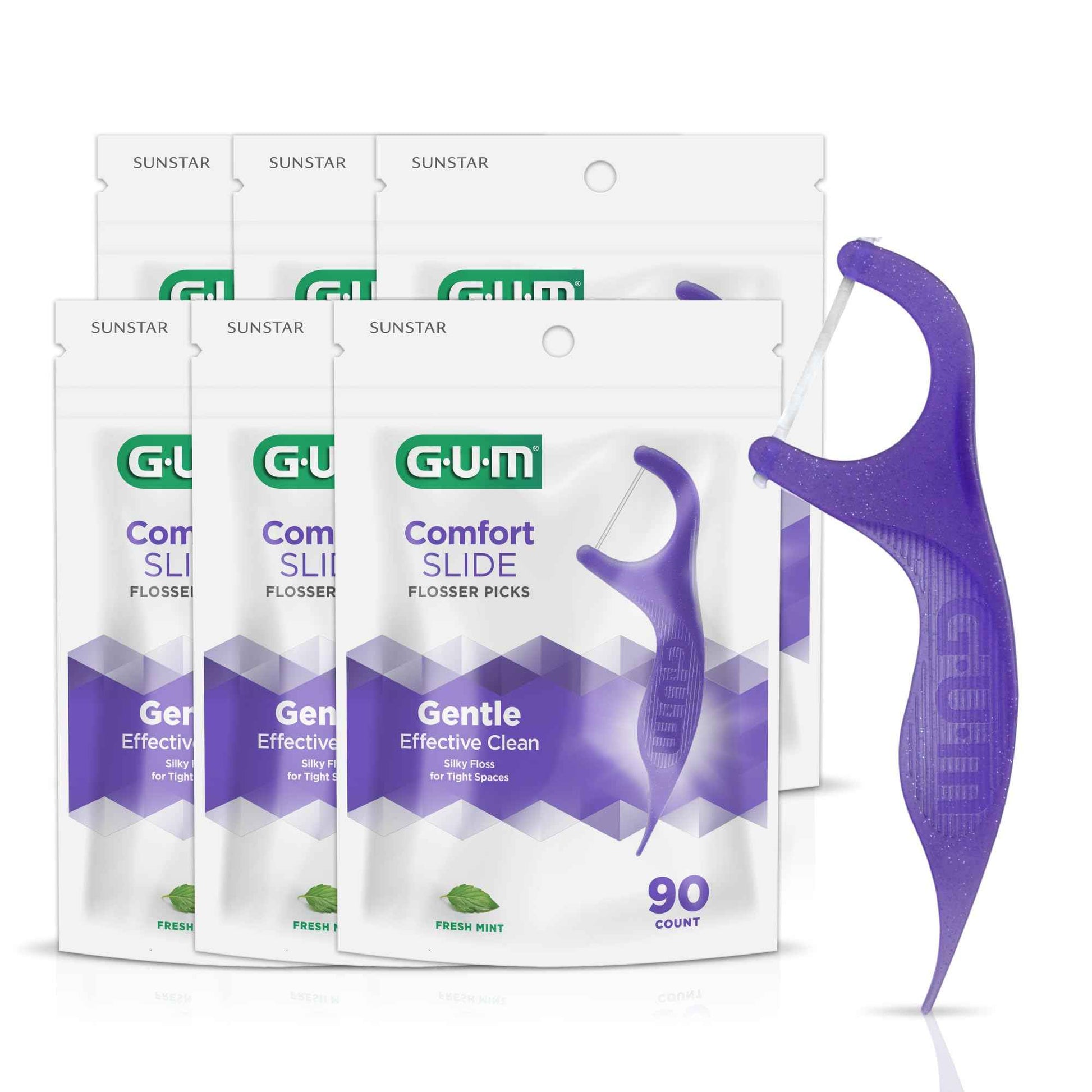 GUM Comfort Slide Floss Picks - Perfect for Tight Teeth - Extra Strong Shred-Resistant Dental Floss, Easy Grip Handle - Dental Flossers for Adults - Fresh Mint Flavor,90 Count (Pack of 6)