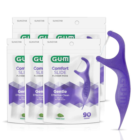 GUM Comfort Slide Floss Picks - Perfect for Tight Teeth - Extra Strong Shred-Resistant Dental Floss, Easy Grip Handle - Dental Flossers for Adults - Fresh Mint Flavor,90 Count (Pack of 6)