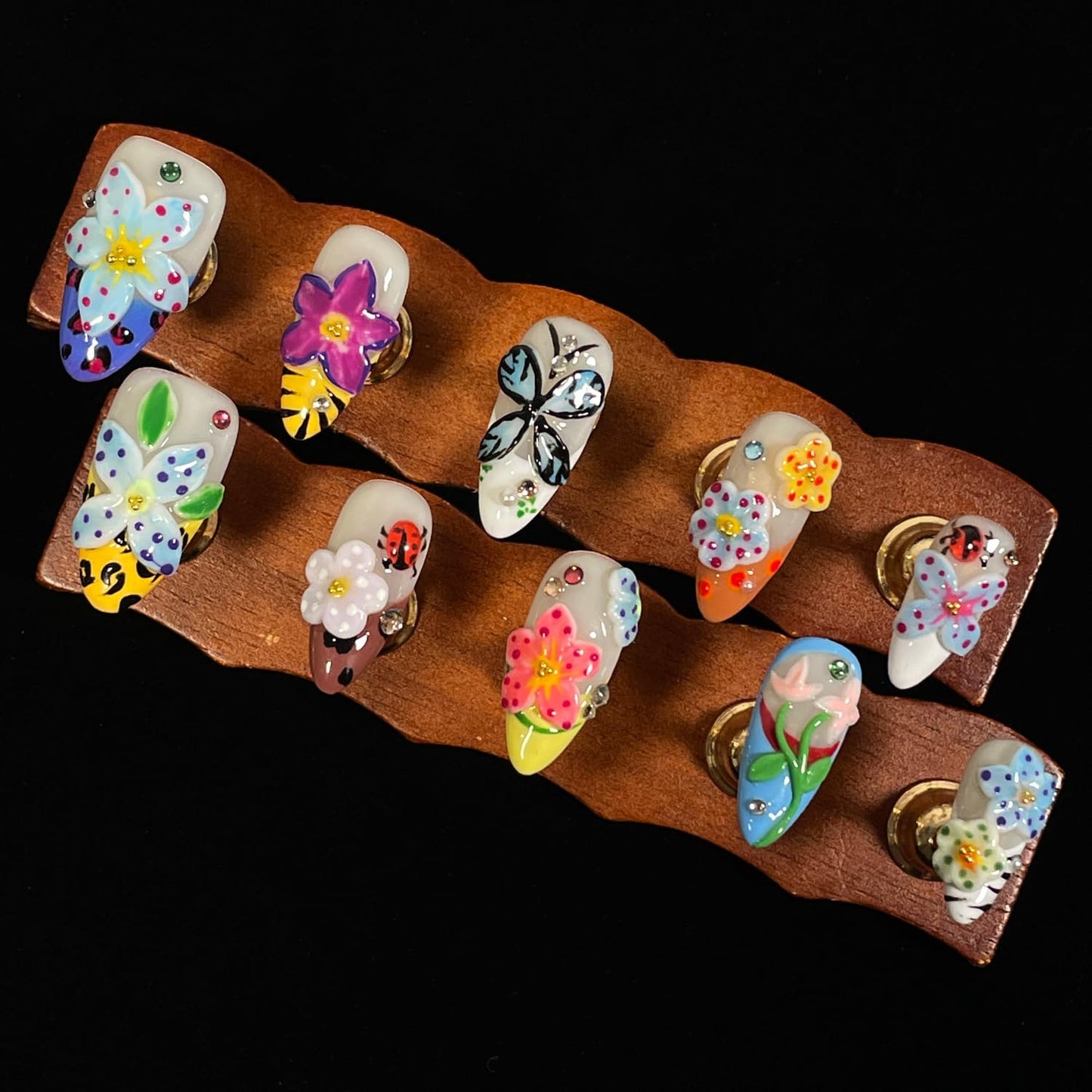 Handmade Press On Nails 3D Floral & Butterfly with Red Ladybug Fake Nails Medium Almond Acrylic Nail Tips Luxury Enchanted Garden Stick on False Nails Dreamy Nails (Garden, M)