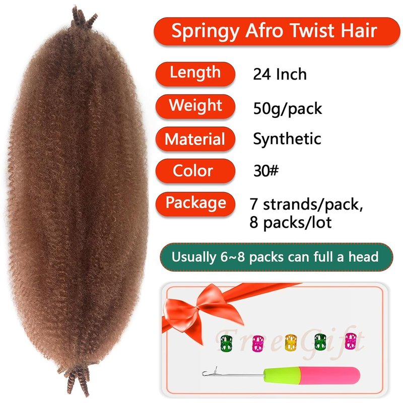 Kinky Braiding Hair - 24 Inch Springy Afro Twist | 8 Packs Soft Locs Brown Cuban Twist Color 30
