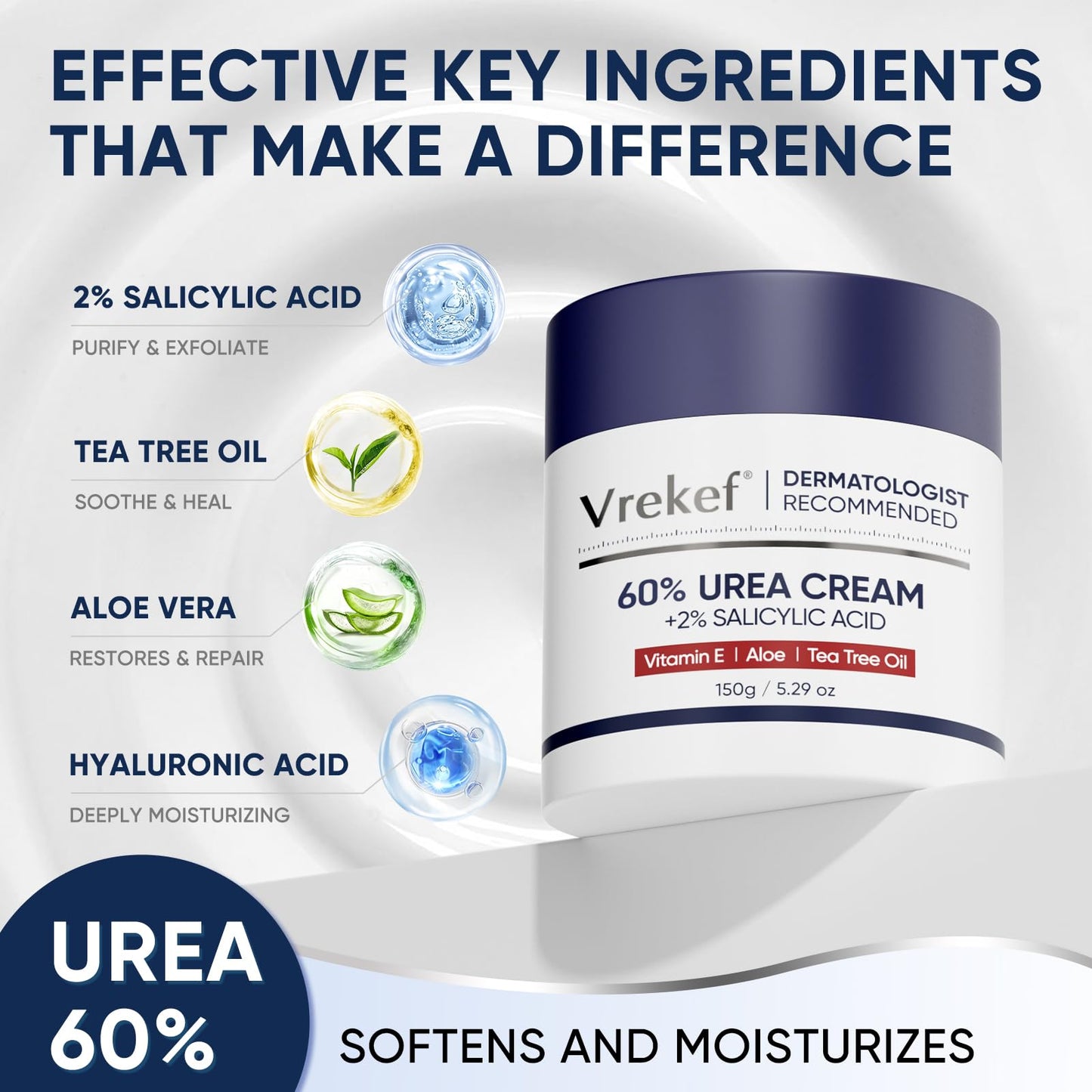 VREKEF Urea Cream 60% with 2% Salicylic Acid, Urea Cream 60 Percent for Feet Maximum Strength, Foot Cream & Callus Remover for Dry Cracked Heels, Rough Thick Skin, Deep Hydration, 5.29 oz