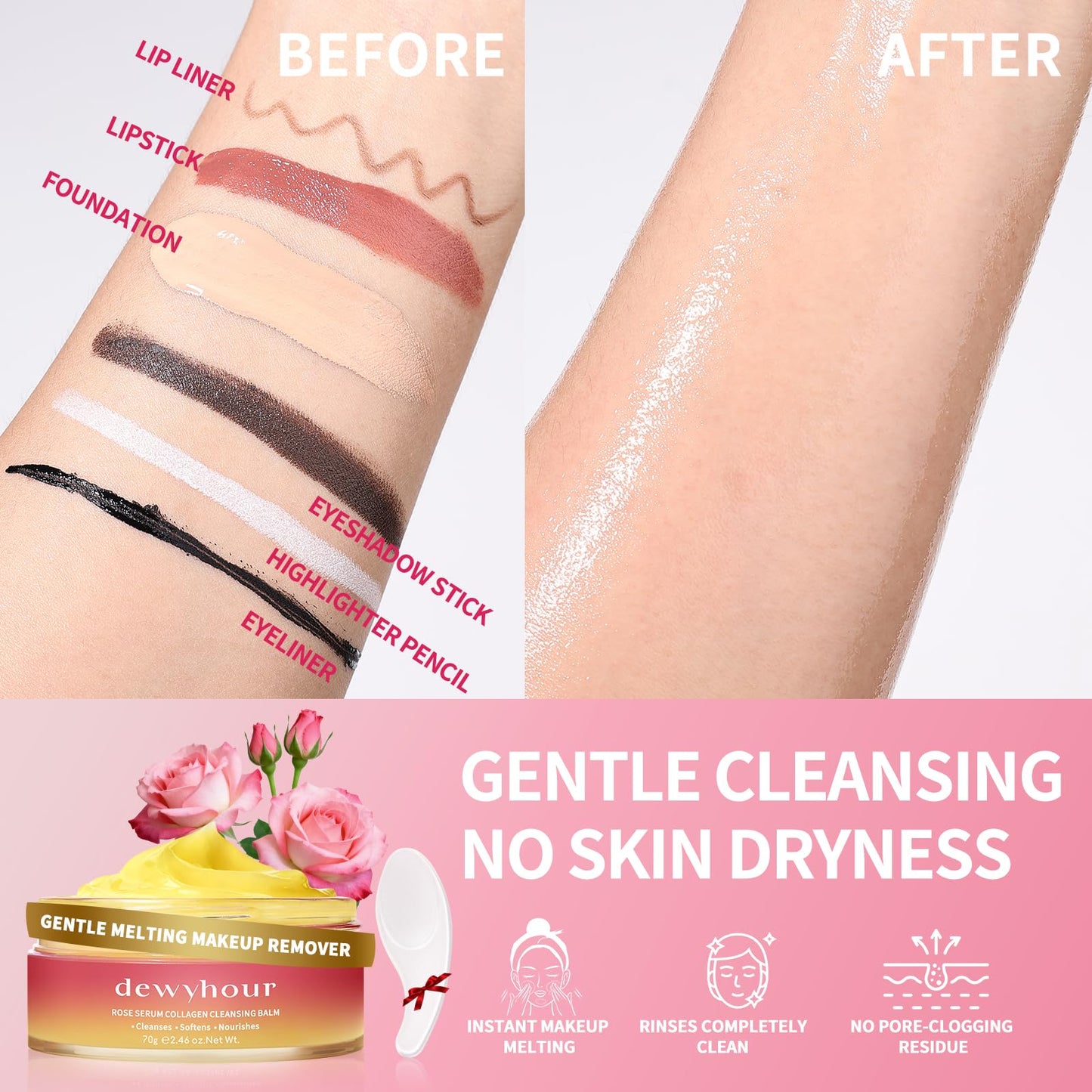 dewyhour Rose Makeup Remover Cleansing Balm – Melts Stubborn Waterproof Makeup for Daily Evening & Post-Gym, Nourishes Sensitive Skin, Zero Residue, One-Step Vegan Korean skincare for Travel 2.46 oz