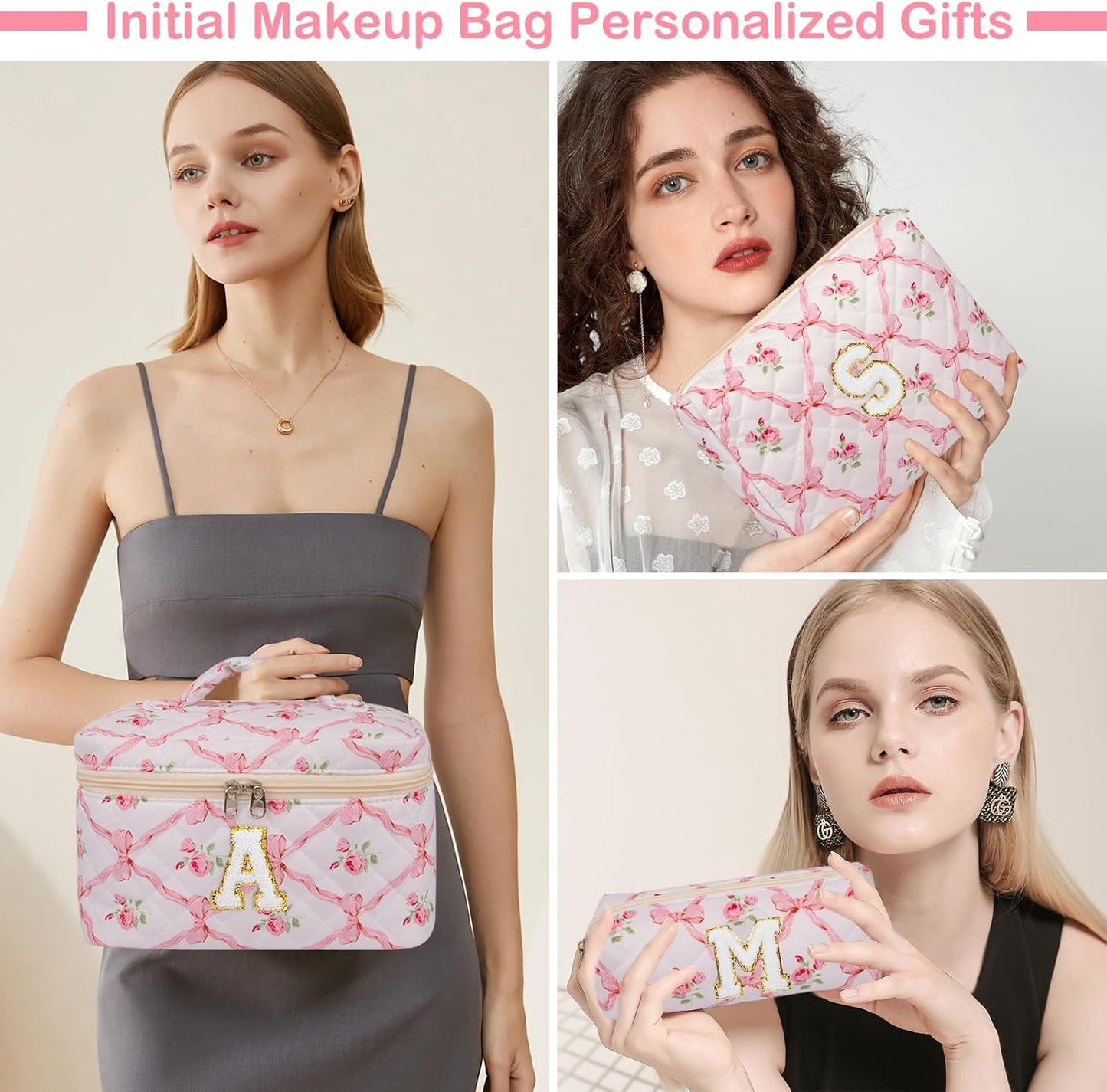 Personalized Initial Makeup Bag Set - Large Floral Quilted Cosmetic Bag for Women | Cute Cotton Travel Toiletry Bag