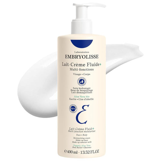 Embryolisse Lait-Crème Fluid+ Face & Body Cream, Multi-Use Lightweight Moisturizer with Shea Butter & Aloe Vera. Fast Absorbing, For All Skin Types, 13.52 Fl Oz