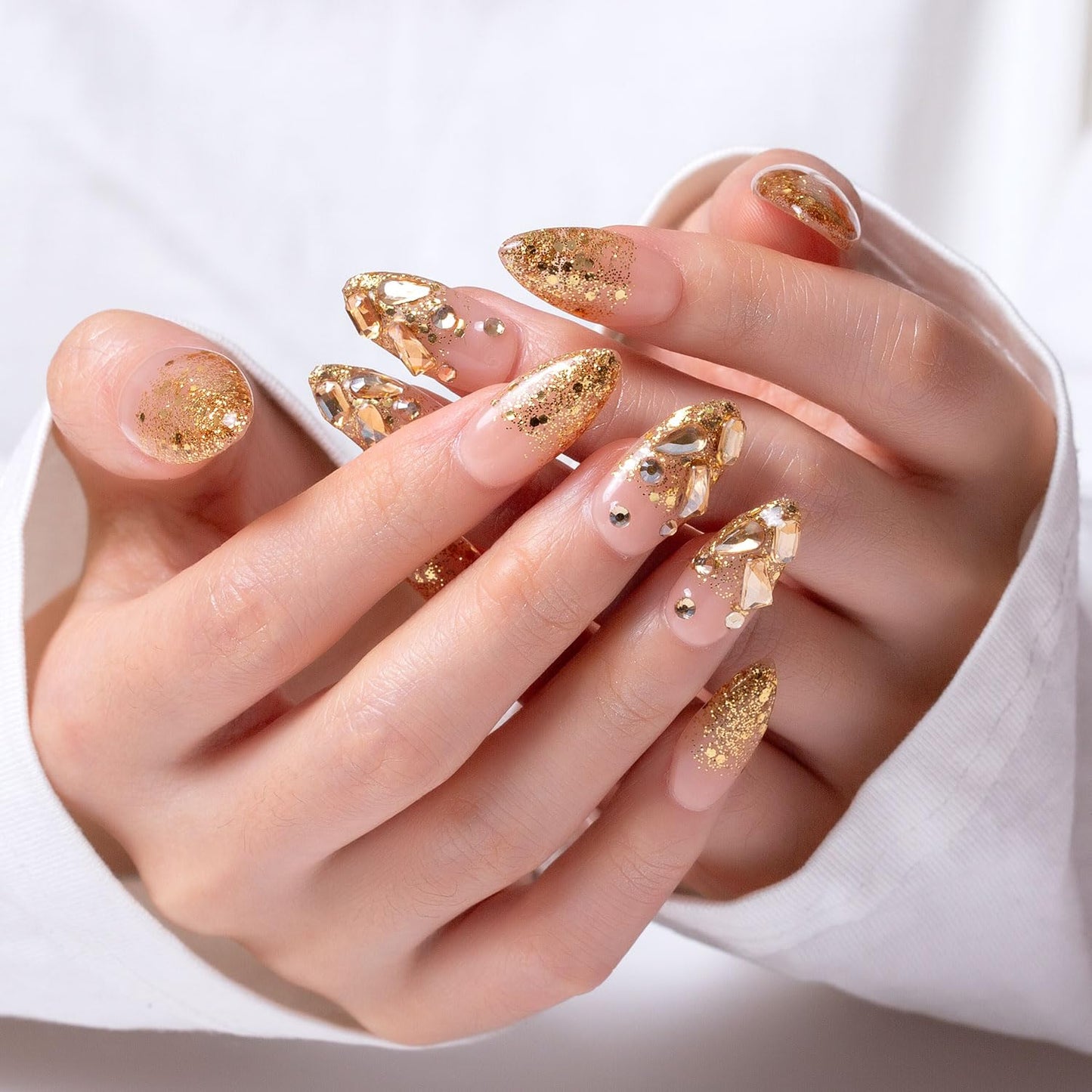 Press On Nails Chateau Glimmer - Handmade Full Cover Crystals | Reusable Almond 1.0 in