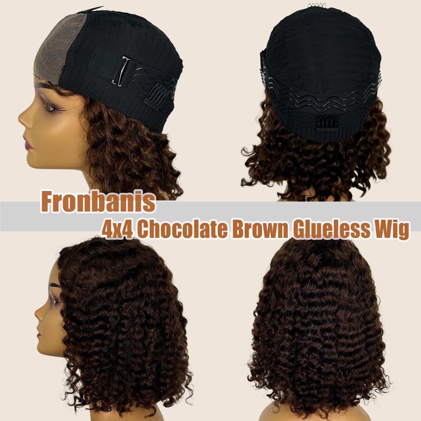 Chocolate Brown Glueless Wigs Human Hair Pre Plucked Pre Cut 180% Density Closure Wigs Human Hair Bob Wig Curly Human Hair Wig Wear and Go Glueless Wig for Women 10 Inches